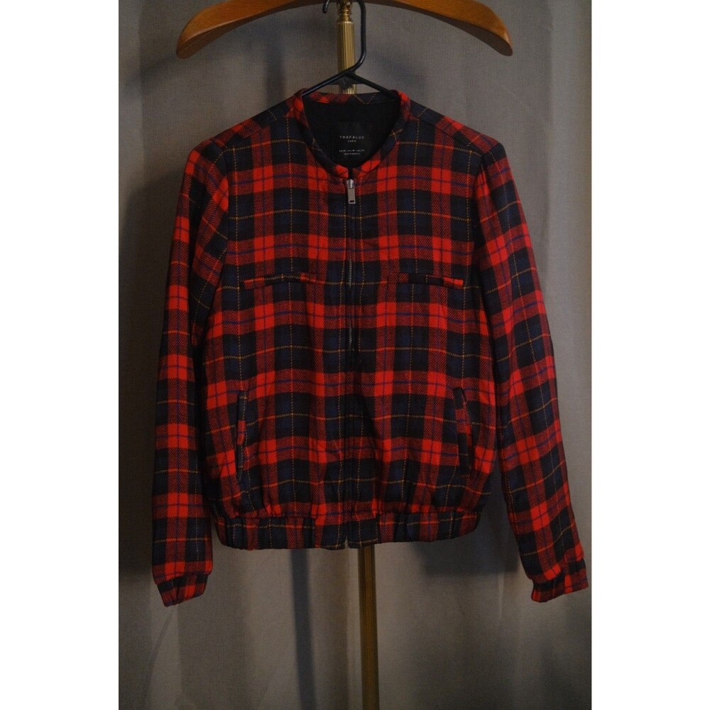 Zara Trafaluc Red Navy Tartan Plaid Check Sateen Bomber Jacket Women M Full Zip